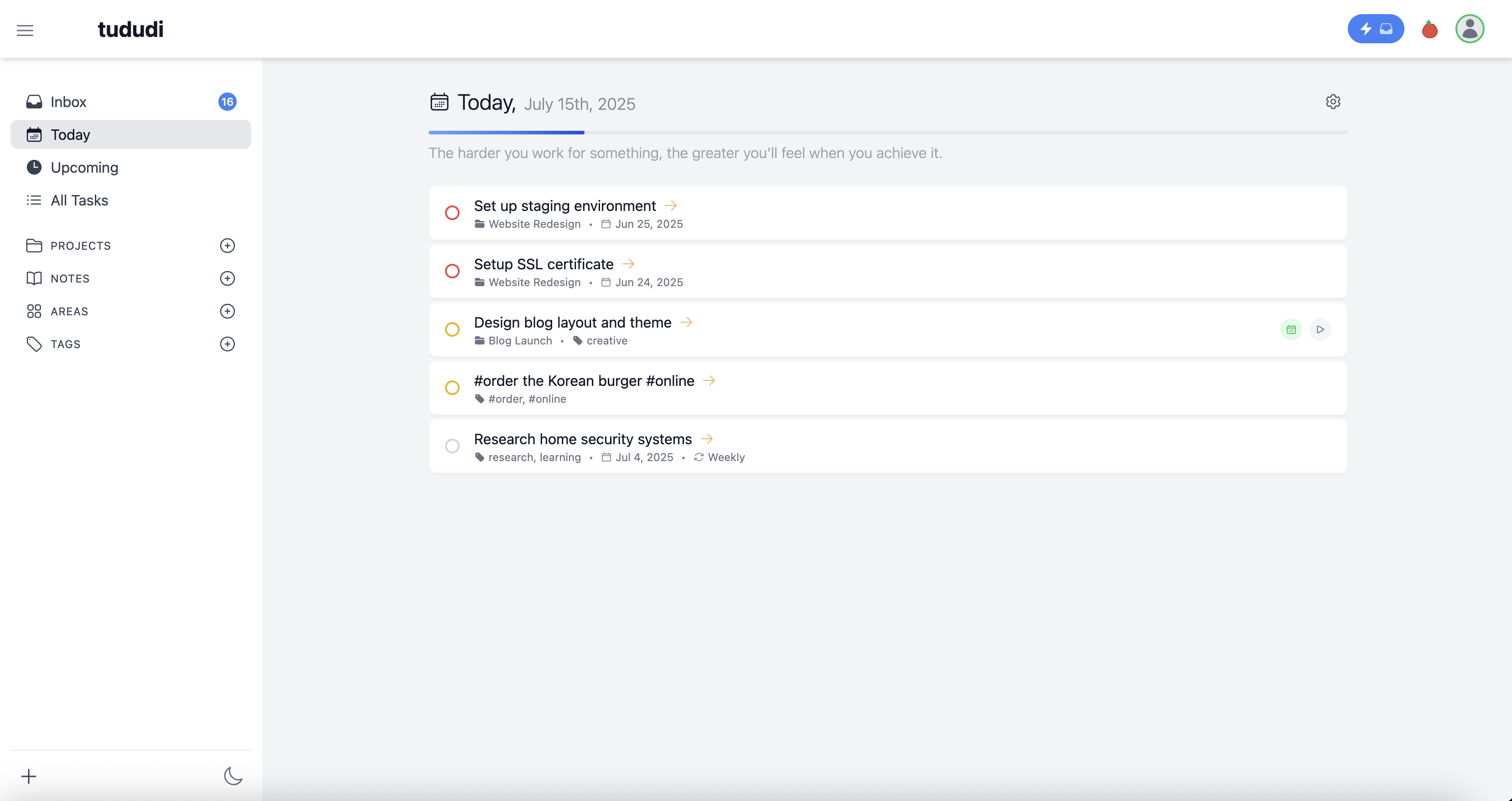 tududi - Light Mode Interface